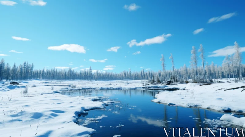 Spectacular Winter Lake Scene Amidst Snowy Forest AI Image