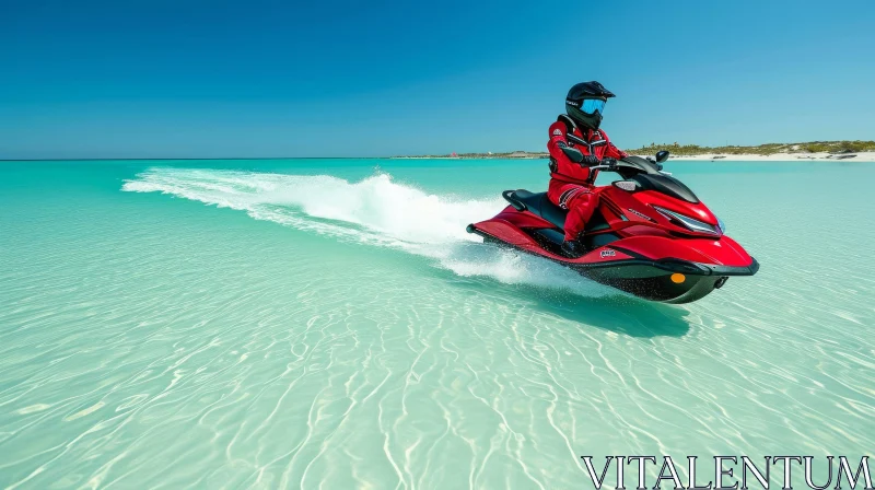 Woman Riding a Red Jet Ski on Waves in the Ocean - Polished Craftsmanship AI Image