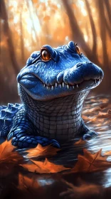 Blue Alligator Among Autumn Leaves