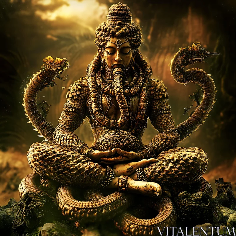 Ancient Golden Statue with Snakes AI Image