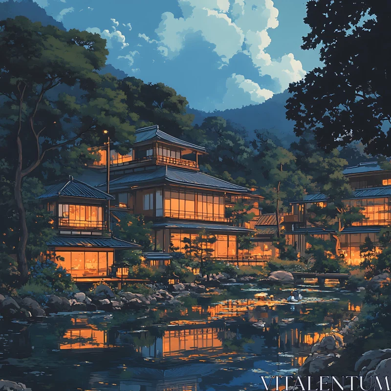 Tranquil Japanese Architecture Amidst Forest AI Image