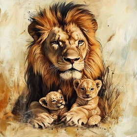 Protective Lion with Cubs