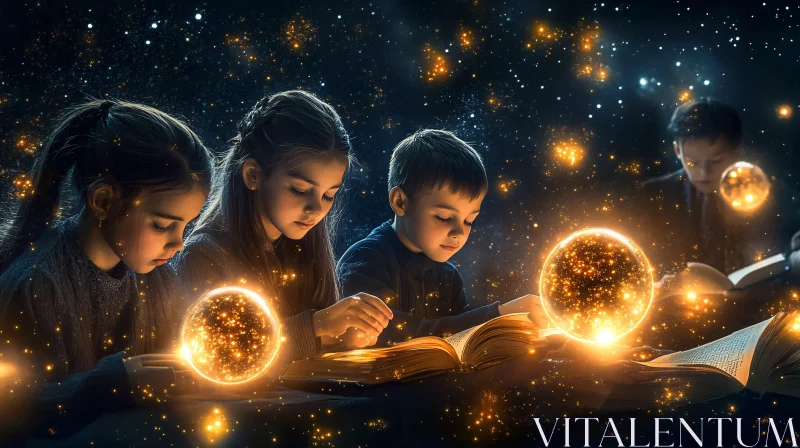 Kids Reading Books with Magic Orbs AI Image