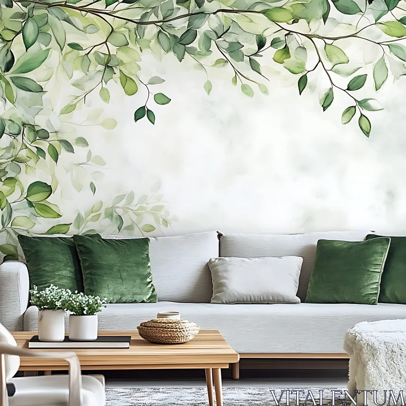 Stylish Interior Living Space with Nature Mural AI Image