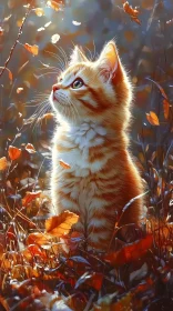 Curious Kitten Among Fall Leaves