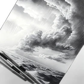 Black and White Ocean View Drawing
