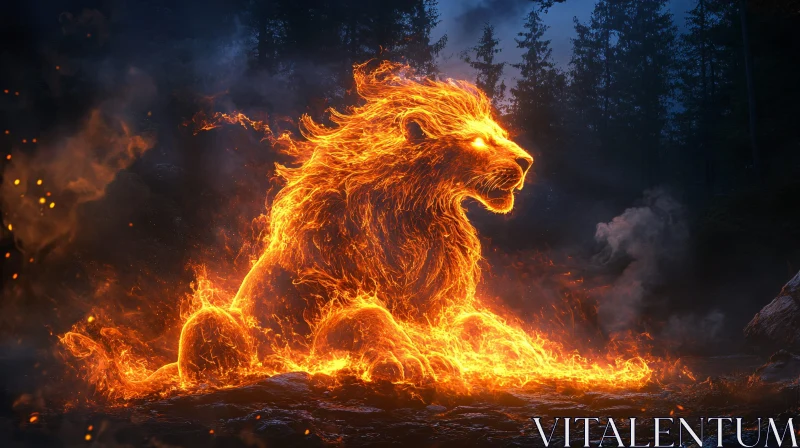 Blazing Lion in a Forest at Night AI Image