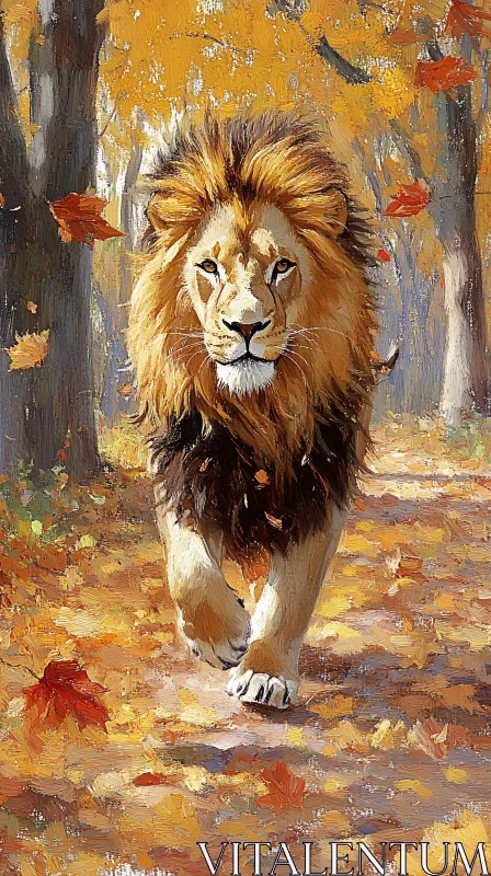 AI ART Regal Lion Painting in Fall Foliage