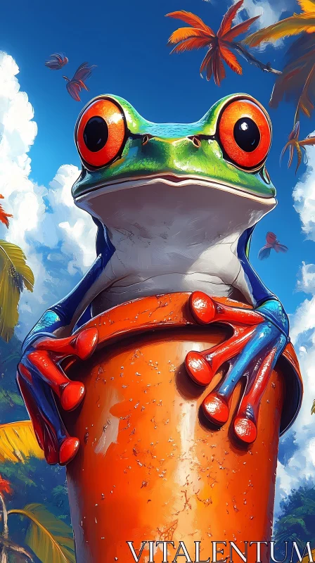 Colorful Frog Perched on Pot AI Image