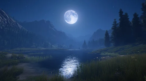 Moonlit Night with Lake, Forest, and Mountains