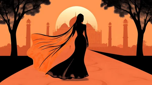 Woman in Gown at Taj Mahal Sunset