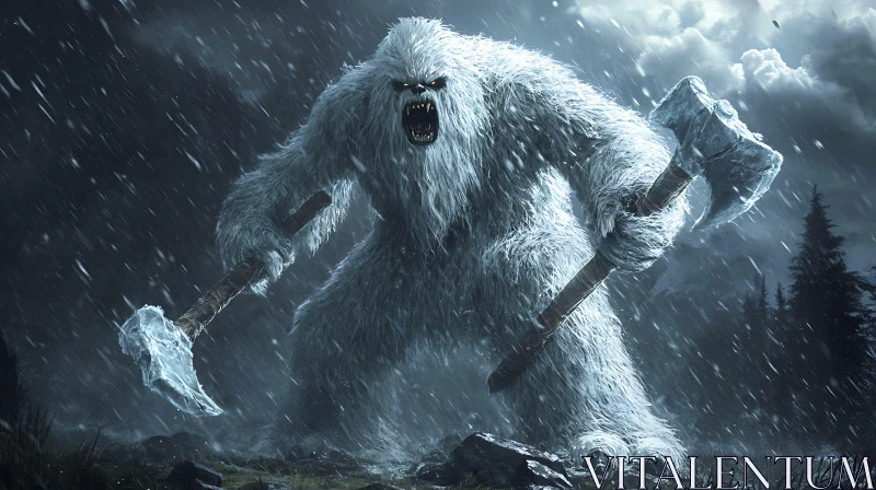 Monster with Axes in Winter Storm AI Image