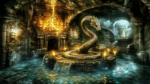 Golden Dragon Statue in Water Cave