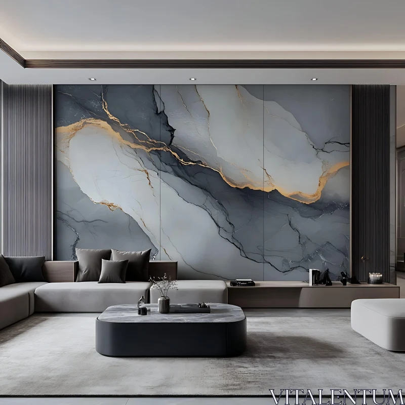 Sophisticated Living Room Featuring Marble-Like Wall Art AI Image