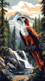 Nature Scene with Hawk and Waterfall