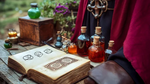 Spell Book with Potions Still Life