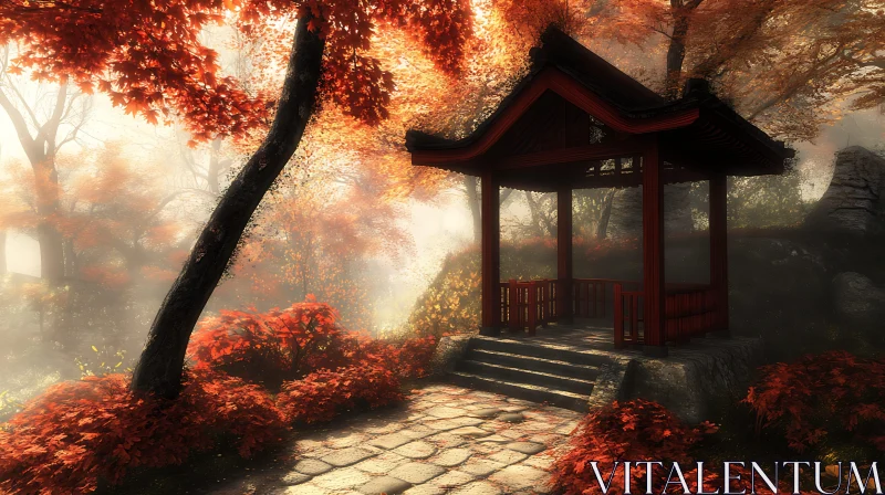 Red Leaves Pavilion in Misty Garden AI Image