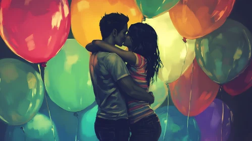 Couple's Affectionate Kiss with Balloons