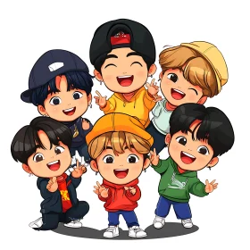 Cartoon Group of Happy Chibi Boys