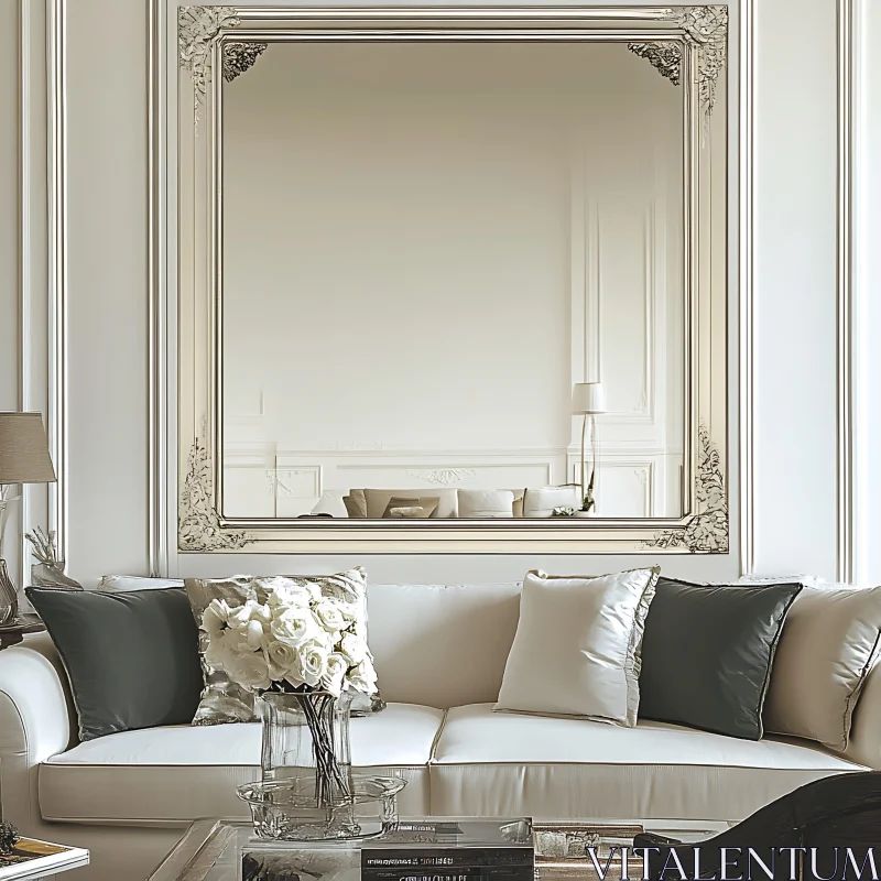 Luxurious Living Room Decor with Ornate Mirror AI Image