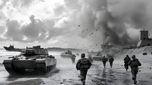 Beach Invasion Scene with Tanks and Troops