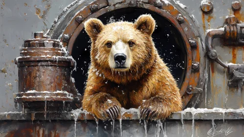 Curious Bear in Snowy Industrial Scene