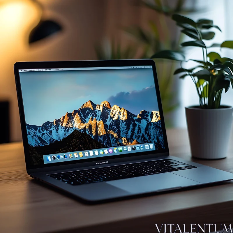 Professional Workspace with Laptop and Plant AI Image