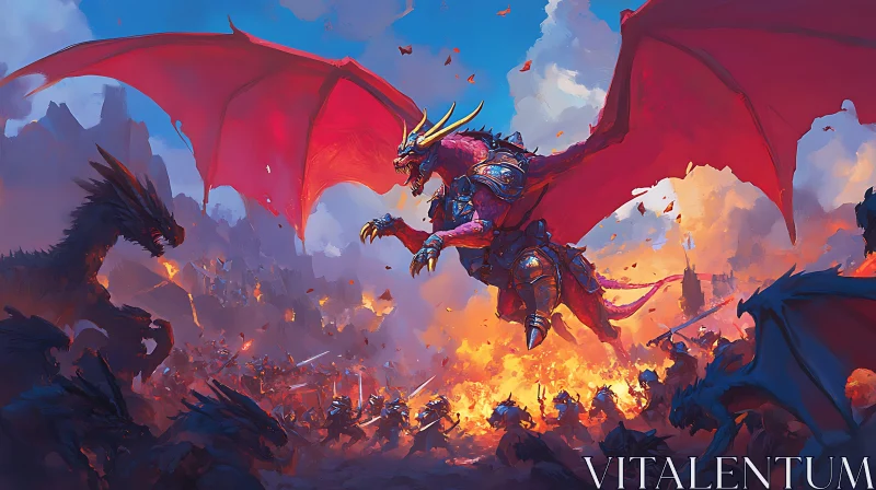 AI ART Dragon and Warriors in Fiery Conflict