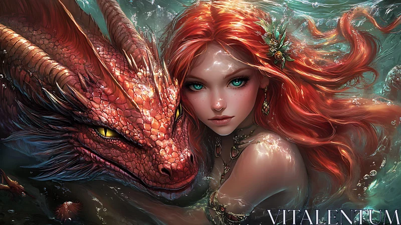 AI ART Red-haired Woman with Dragon Underwater