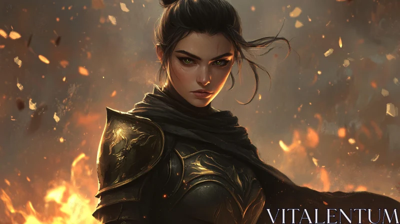 AI ART Female Warrior in Fiery Landscape