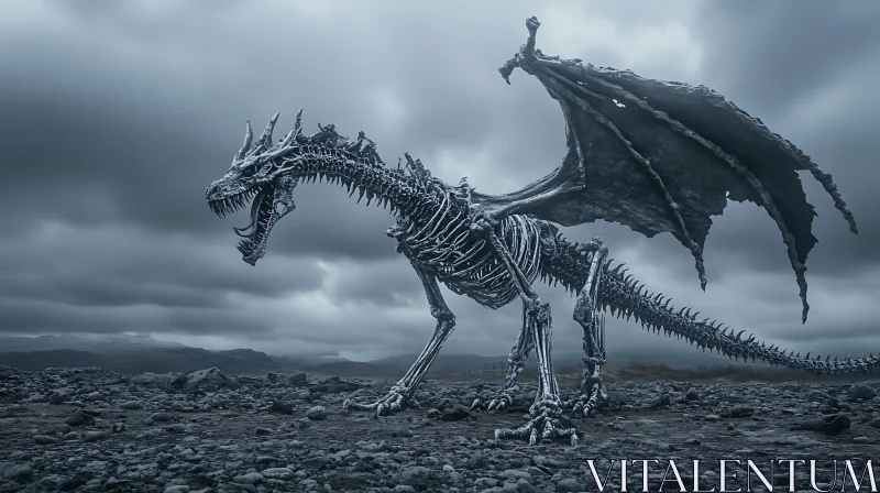 AI ART Skeletal Dragon Under Cloudy Sky