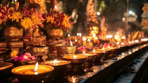 Golden Candlelight and Floral Arrangement Still-Life