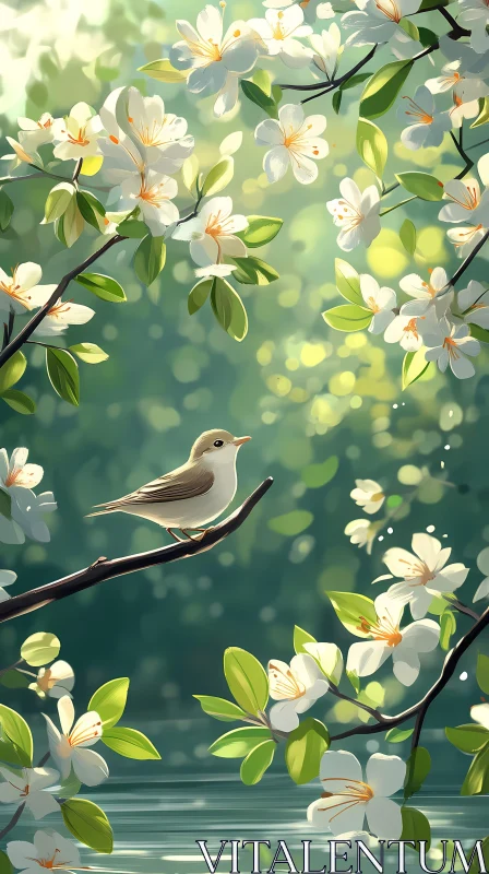 Serene Bird Perched Amidst Spring Blossoms AI Image