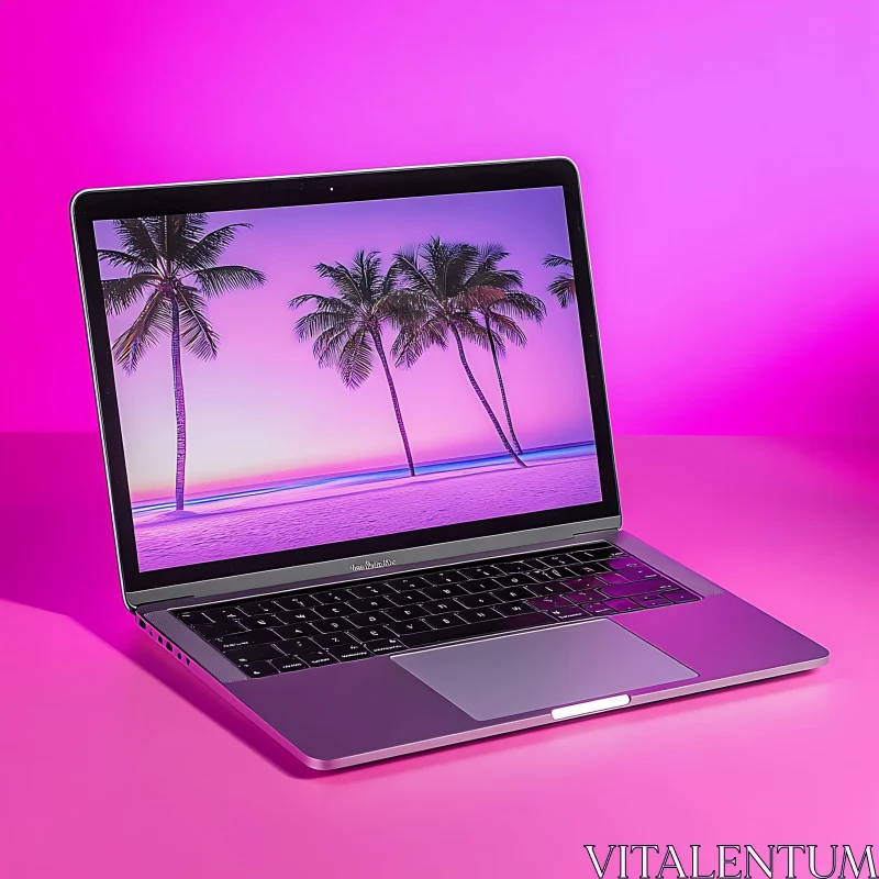 AI ART Tropical Beach Scene on Laptop Screen