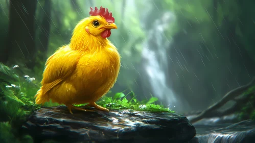 Golden Hen Amidst Rainy Woods