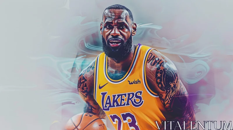 LeBron James with Basketball in Lakers Jersey AI Image