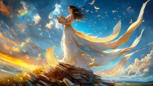 Woman Reading Book with Sky Background