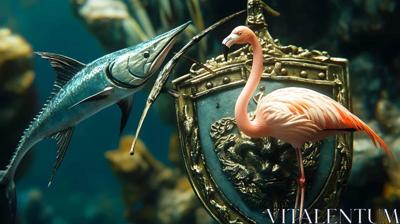 Flamingo and Swordfish on Decorative Shield AI Image