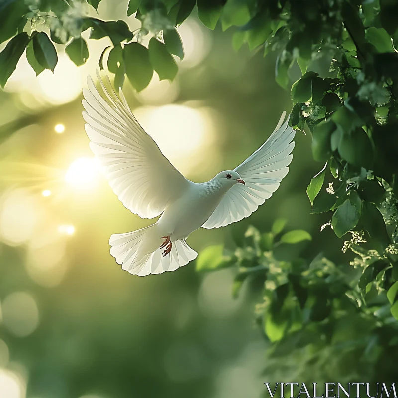 White Dove Ascending Through Green Canopy AI Image