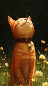 Cat Enjoying Sunshine Among Daisies