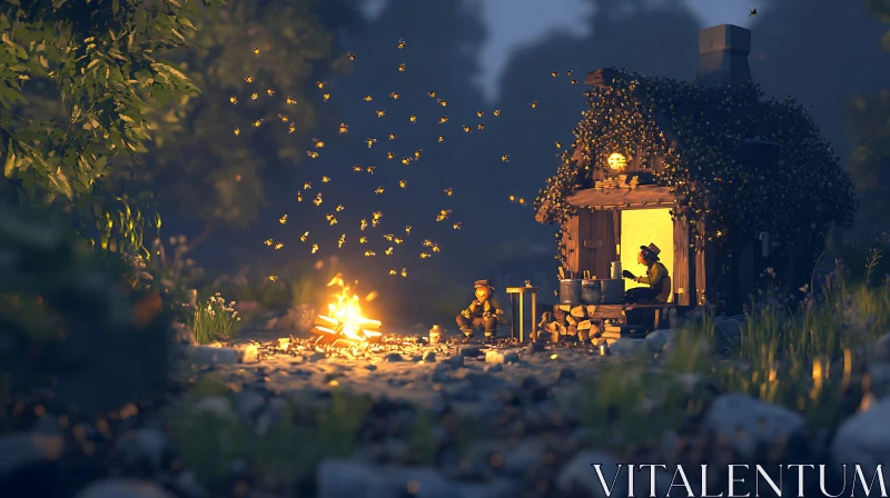 Fireflies Cabin Campfire Night AI Image