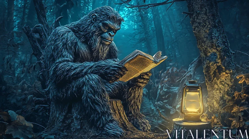 AI ART Sasquatch Reading a Book in the Woods