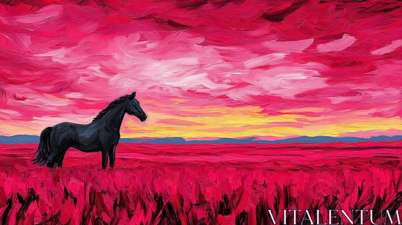 Black Stallion in a Red Field AI Image