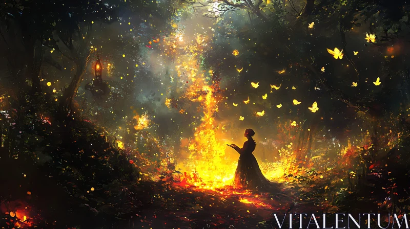 AI ART Mystical Forest Scene with Woman and Butterflies