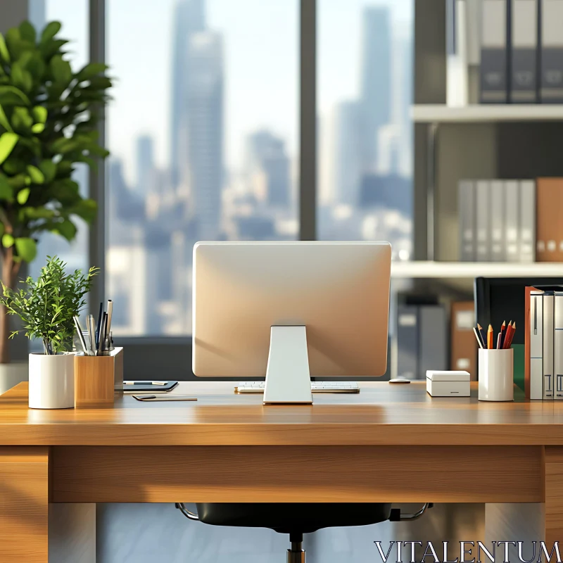 AI ART Contemporary Office Desk and Urban Skyline