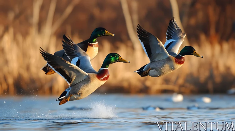 Ducks Flying Over Lake AI Image