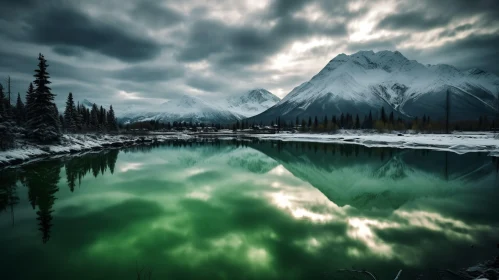 Atmospheric Green Lake and Mountain Reflection Landscape
