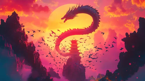 Sunset Dragon and Ancient Pagoda