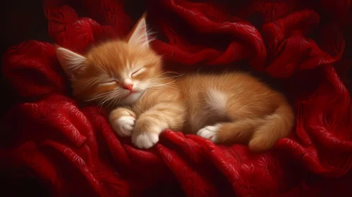 Cute Ginger Kitten in Cozy Red Blanket