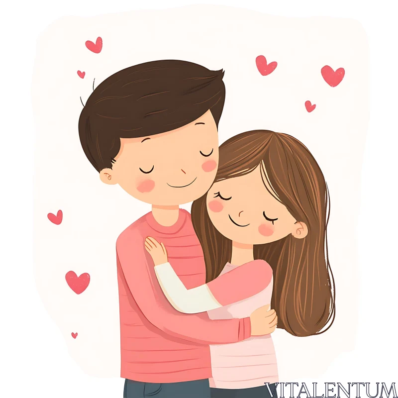 Cartoon Couple Hug with Hearts AI Image